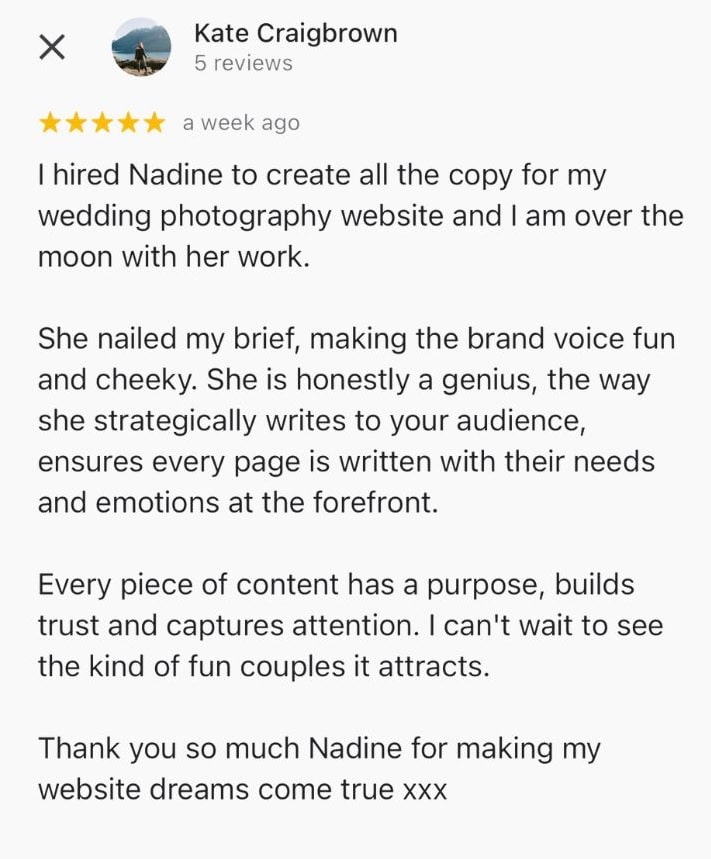 Kate Craig-Brown is a NZ elopement photographer and hired me as her wedding industry copywriter