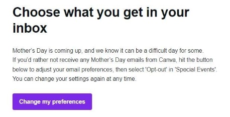 Mother's Day email opt out examples